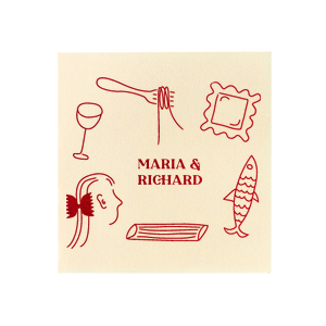 The Pasta Party Hand Drawn Napkin features a playful hand-drawn design of various pasta shapes and ingredients, creating a creative and eye-catching addition to your table setting. It will be the perfect way to add a touch of creative charm to your event.