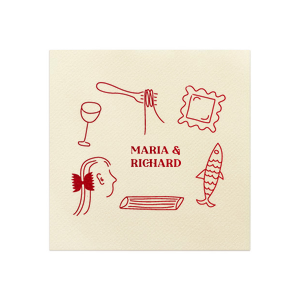 The Pasta Party Hand Drawn Napkin features a playful hand-drawn design of various pasta shapes and ingredients, creating a creative and eye-catching addition to your table setting. It will be the perfect way to add a touch of creative charm to your event.