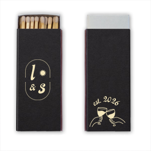 The Sunburst Initial & Toasting Glass Matchbox features sunburst icons and elegant crest illustrations with an “established” text detail. Commemorate your milestone by customizing the established date and initials for a truly personal party favor. Excellent for wedding receptions and galas!