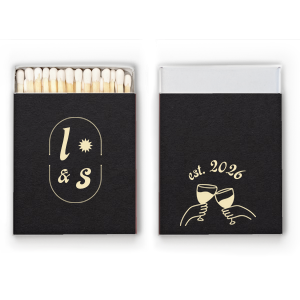 The Sunburst Initial & Toasting Glass Matchbox features sunburst icons and elegant crest illustrations with an “established” text detail. Commemorate your milestone by customizing the established date and initials for a truly personal party favor. Excellent for wedding receptions and galas!