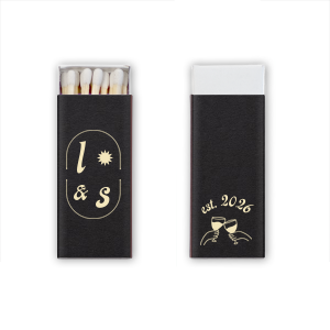 The Sunburst Initial & Toasting Glass Matchbox features sunburst icons and elegant crest illustrations with an “established” text detail. Commemorate your milestone by customizing the established date and initials for a truly personal party favor. Excellent for wedding receptions and galas!