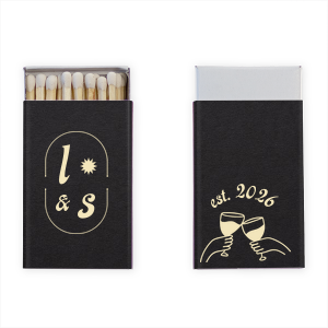 The Sunburst Initial & Toasting Glass Matchbox features sunburst icons and elegant crest illustrations with an “established” text detail. Commemorate your milestone by customizing the established date and initials for a truly personal party favor. Excellent for wedding receptions and galas!