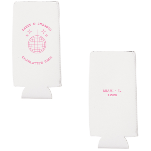 The Dazed and Engaged Bachelorette Disco Ball Can Cooler is a funky and fun accessory that will add some sparkle to your bachelorette or engagement party! It is the perfect way to show off your style and celebrate your upcoming nuptials. Customize with the location of your event, name, and date for a perfectly personalized party accessory.