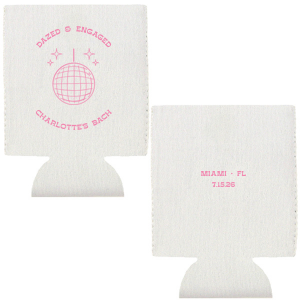 The Dazed and Engaged Bachelorette Disco Ball Can Cooler is a funky and fun accessory that will add some sparkle to your bachelorette or engagement party! It is the perfect way to show off your style and celebrate your upcoming nuptials. Customize with the location of your event, name, and date for a perfectly personalized party accessory.