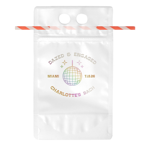 The Dazed and Engaged Bachelorette Disco Ball Drink Pouch is a stylish and trendy way to carry your drinks at your bachelorette party. The durable and high-quality material ensures that this drink pouch will keep your beverages secure and protected while you enjoy on the dance floor. You can fully customize this product with your name, the location of your event, and date!
