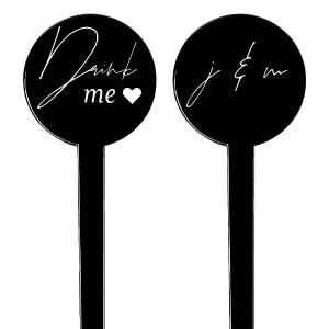 The Drink Me Stir Stick features a charming "Drink Me" message and a sweet heart symbol on one side, and two initials entwined in an elegant, cursive script on the other. This delightful stir stick adds a storybook charm to any beverage, inviting guests to sip and celebrate the magic of the moment. Pairs well with intimate gatherings and romantic wedding receptions.