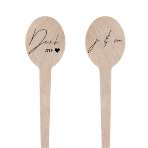 The Drink Me Stir Stick features a charming "Drink Me" message and a sweet heart symbol on one side, and two initials entwined in an elegant, cursive script on the other. This delightful stir stick adds a storybook charm to any beverage, inviting guests to sip and celebrate the magic of the moment. Pairs well with intimate gatherings and romantic wedding receptions.