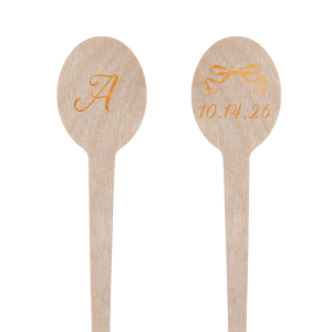 The Bow-Tied Date Stir Stick features a graceful bow graphic atop one side, with the flip side showcasing your initial in an ornate, yet understated script. This elegant stirrer adds a touch of charm to any celebration, making it an ideal keepsake for guests to remember your occasion by. Perfect for adding a touch of sophistication to weddings, anniversaries, or elegant soirees.