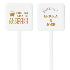 The Fiesta Cheers Stir Stick brings a celebratory spirit to any gathering with a festive drink graphic and the fun-filled toast "Arriba, Abajo, Al Centro, Pa Dentro" on one side, while the other side showcases your names in a lively, tropical-inspired script. This vibrant stirrer is a perfect match for themed parties, destination weddings, or any event where good times are to be had. It's a playful way to get guests in the mood for a memorable fiesta.