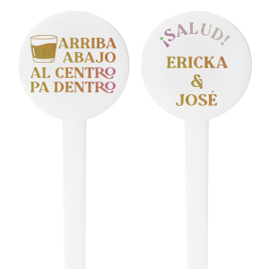The Fiesta Cheers Stir Stick brings a celebratory spirit to any gathering with a festive drink graphic and the fun-filled toast "Arriba, Abajo, Al Centro, Pa Dentro" on one side, while the other side showcases your names in a lively, tropical-inspired script. This vibrant stirrer is a perfect match for themed parties, destination weddings, or any event where good times are to be had. It's a playful way to get guests in the mood for a memorable fiesta.