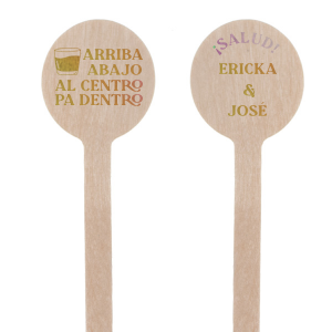 The Fiesta Cheers Stir Stick brings a celebratory spirit to any gathering with a festive drink graphic and the fun-filled toast "Arriba, Abajo, Al Centro, Pa Dentro" on one side, while the other side showcases your names in a lively, tropical-inspired script. This vibrant stirrer is a perfect match for themed parties, destination weddings, or any event where good times are to be had. It's a playful way to get guests in the mood for a memorable fiesta.