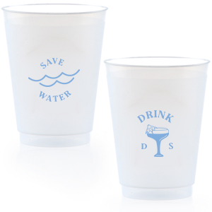Save Water Drink Frost Flex Cup will bring a nautical nod to your next party. Featuring a waves and tropical drink graphic, you can customize this cup with your initials for your upcoming destination or beach wedding. 