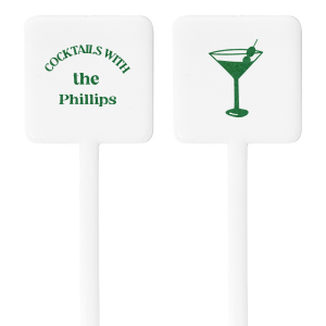 The Family Cocktail Hour Stir Stick invites you to mix up your favorite libations with a side that proudly proclaims "Cocktails with" followed by your family name, inscribed in a casual yet sophisticated font. The flip side features a hand-drawn martini glass graphic, adding a classic and playful touch to your drinkware. This personalized stirrer is perfect for family gatherings, holiday parties, or as a unique gift that celebrates your family's love of good times and good drinks.