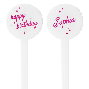 The Stellar Birthday Celebration Stir Stick is the ultimate celebratory accessory for any birthday party, adorned with shimmering star graphics that dance around your name on one side and the festive greeting "Happy Birthday" on the other. Both inscriptions are set in a bold, dynamic typeface that exudes energy and excitement, mirroring the lively spirit of a birthday celebration. This personalized stirrer adds a touch of star-studded fun to your drinks and serves as a fun favor for guests to remember the special day.