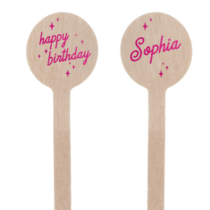 The Stellar Birthday Celebration Stir Stick is the ultimate celebratory accessory for any birthday party, adorned with shimmering star graphics that dance around your name on one side and the festive greeting "Happy Birthday" on the other. Both inscriptions are set in a bold, dynamic typeface that exudes energy and excitement, mirroring the lively spirit of a birthday celebration. This personalized stirrer adds a touch of star-studded fun to your drinks and serves as a fun favor for guests to remember the special day.