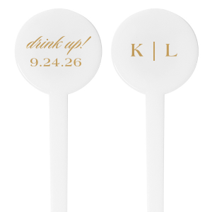 The Toast & Celebrate Stir Stick features a bold declaration of your initials on one side, rendered in a robust and assertive typeface that exudes confidence and tradition. On the reverse, the phrase "Drink Up" flows in a lively, inviting script, followed by a customizable date in the same strong font as the initials. This stir stick is a perfect blend of formality and festivity, ideal for commemorating significant moments and encouraging guests to indulge in the spirit of the occasion.