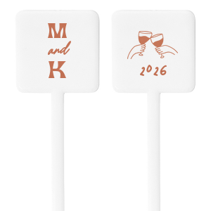The Toast to the Year Stir Stick elegantly marks your event with your initials displayed in a sleek, modern typeface. On the other side, the year of your special occasion is tastefully presented beneath a hand-drawn illustration of two hands toasting with glasses, capturing the spirit of celebration and togetherness. This personalized stir stick is a trendy and whimsical memento, perfect for commemorating anniversaries, engagements, or any milestone event shared with loved ones.