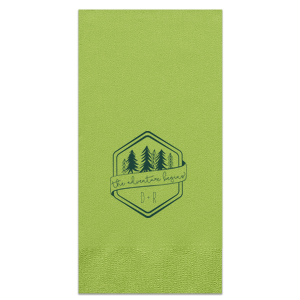 Embark on a journey with the Adventure Begins Trees Napkin. Framed by a hexagonal border, it showcases "the adventure begins" on a banner, flanked by varying evergreen trees. The design, featuring initials with a connecting plus sign, evokes the thrill of new beginnings in nature's embrace.