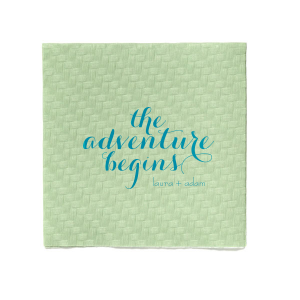 The Elegant Swirl Script Adventure Begins Napkin captures the essence of a new journey with "The Adventure Begins" in an energetic swirling script. This straightforward design, focusing on the excitement of the couple's upcoming life together, makes a striking statement.