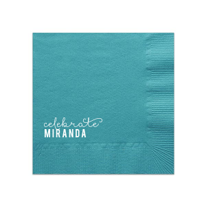 The Chic Celebration Napkin design masterfully combines playfulness with subtlety. Positioned in the left corner, the word "celebrate" is written in a joyful, lower case script, exuding a festive aura. Directly below, the celebrant's name emphasizes the focal point of the celebration. This design, in its playful simplicity, promises a fun celebration of the honoree.