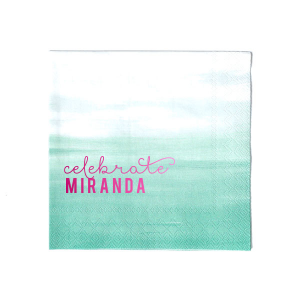 The Chic Celebration Napkin design masterfully combines playfulness with subtlety. Positioned in the left corner, the word "celebrate" is written in a joyful, lower case script, exuding a festive aura. Directly below, the celebrant's name emphasizes the focal point of the celebration. This design, in its playful simplicity, promises a fun celebration of the honoree.
