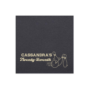 The Bowling Birthday Strike Napkin knocks it out of the park with a stylish depiction of pins and a bowling ball. Customize this striking piece for your event with the honoree's name and age. Ideal for celebrating milestones and creating lasting memories.