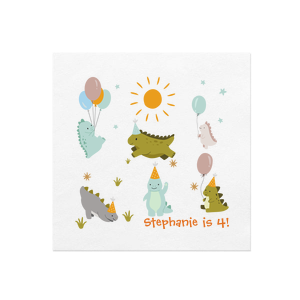 Unleash the prehistoric party fun with our Personalized Dinosaur Party Napkins! These vibrant napkins bring a burst of color and excitement to any celebration with their playful cartoon dinosaur designs. Each napkin features an array of friendly dino characters frolicking amid a prehistoric landscape, making them perfect for children's birthday parties, baby showers, or any event where young dinosaur enthusiasts gather.
