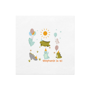 Unleash the prehistoric party fun with our Personalized Dinosaur Party Napkins! These vibrant napkins bring a burst of color and excitement to any celebration with their playful cartoon dinosaur designs. Each napkin features an array of friendly dino characters frolicking amid a prehistoric landscape, making them perfect for children's birthday parties, baby showers, or any event where young dinosaur enthusiasts gather.