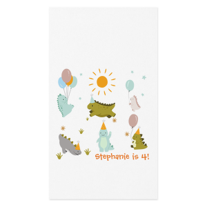 Unleash the prehistoric party fun with our Personalized Dinosaur Party Napkins! These vibrant napkins bring a burst of color and excitement to any celebration with their playful cartoon dinosaur designs. Each napkin features an array of friendly dino characters frolicking amid a prehistoric landscape, making them perfect for children's birthday parties, baby showers, or any event where young dinosaur enthusiasts gather.