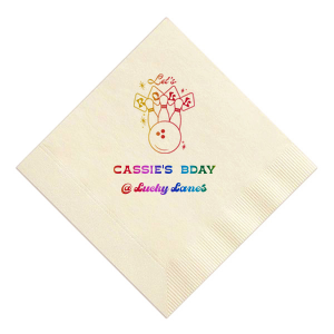 The Bowling Birthday Let's Roll Napkin is perfect for your next birthday party. Featuring a retro 'Let's Roll' bowling graphic, you can personalize this design with the birthday star's name and event location for a unique touch. Perfect for a throwback celebration at the lanes.