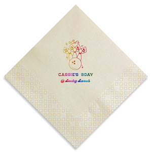 The Bowling Birthday Let's Roll Napkin is perfect for your next birthday party. Featuring a retro 'Let's Roll' bowling graphic, you can personalize this design with the birthday star's name and event location for a unique touch. Perfect for a throwback celebration at the lanes.