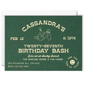 Set the scene for your celebration with the Bowling Birthday Bash Invitation, complete with a modern bowling ball and pins graphic. Personalize with your party's details to gather friends and family for a striking event. Perfect for kicking off the festivities with style.