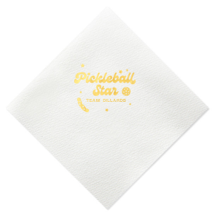 Serve up style with the Pickleball Star Champion Napkin, showcasing a vibrant 'Pickleball Star' motif with a playful pickleball and pickle graphic. Personalize with your team or family name to ace your event décor. Ideal for pickleball tournaments and team celebrations.