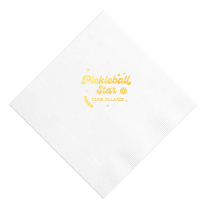 Serve up style with the Pickleball Star Champion Napkin, showcasing a vibrant 'Pickleball Star' motif with a playful pickleball and pickle graphic. Personalize with your team or family name to ace your event décor. Ideal for pickleball tournaments and team celebrations.