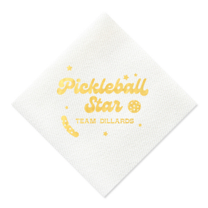 Serve up style with the Pickleball Star Champion Napkin, showcasing a vibrant 'Pickleball Star' motif with a playful pickleball and pickle graphic. Personalize with your team or family name to ace your event décor. Ideal for pickleball tournaments and team celebrations.