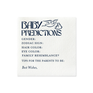 Forecast the future with the Baby Predictions Game Napkin, featuring a fun stork graphic. This interactive baby shower napkin offers spaces for guests' guesses on gender, hair color, and zodiac sign. The perfect addition to any baby shower celebration.