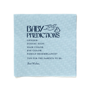 Forecast the future with the Baby Predictions Game Napkin, featuring a fun stork graphic. This interactive baby shower napkin offers spaces for guests' guesses on gender, hair color, and zodiac sign. The perfect addition to any baby shower celebration.