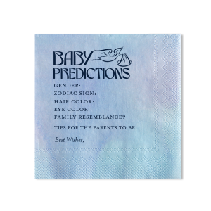 Forecast the future with the Baby Predictions Game Napkin, featuring a fun stork graphic. This interactive baby shower napkin offers spaces for guests' guesses on gender, hair color, and zodiac sign. The perfect addition to any baby shower celebration.