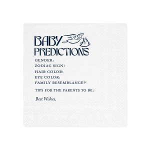 Forecast the future with the Baby Predictions Game Napkin, featuring a fun stork graphic. This interactive baby shower napkin offers spaces for guests' guesses on gender, hair color, and zodiac sign. The perfect addition to any baby shower celebration.