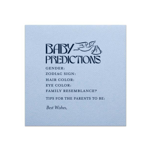 Forecast the future with the Baby Predictions Game Napkin, featuring a fun stork graphic. This interactive baby shower napkin offers spaces for guests' guesses on gender, hair color, and zodiac sign. The perfect addition to any baby shower celebration.