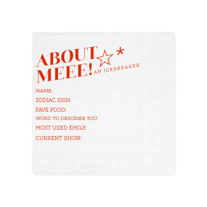 Break the ice with the Starry Intro Icebreaker Game Napkin, topped with a cheerful star graphic. Customize with blanks for guests to share fun facts, from favorite foods to go-to emojis. A sparkling start to any social gathering or event.