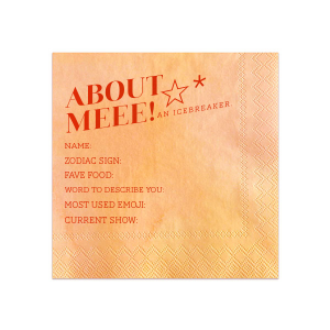 Break the ice with the Starry Intro Icebreaker Game Napkin, topped with a cheerful star graphic. Customize with blanks for guests to share fun facts, from favorite foods to go-to emojis. A sparkling start to any social gathering or event.