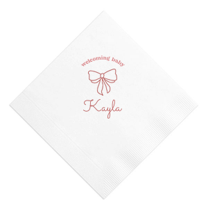 Celebrate your bundle of joy with the Baby Shower Bows Welcome Napkin, elegantly announcing 'Welcoming Baby' above a chic, minimal bow graphic. Personalize with your new arrival's name for a trendy touch at your baby shower or welcome home event.