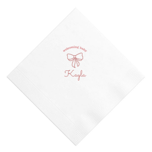 Celebrate your bundle of joy with the Baby Shower Bows Welcome Napkin, elegantly announcing 'Welcoming Baby' above a chic, minimal bow graphic. Personalize with your new arrival's name for a trendy touch at your baby shower or welcome home event.
