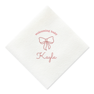 Celebrate your bundle of joy with the Baby Shower Bows Welcome Napkin, elegantly announcing 'Welcoming Baby' above a chic, minimal bow graphic. Personalize with your new arrival's name for a trendy touch at your baby shower or welcome home event.
