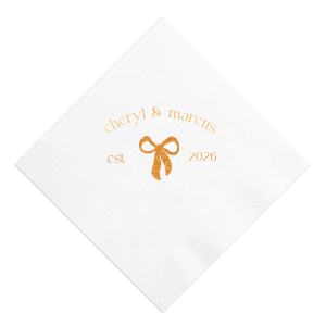 Commemorate the start of your love story with the Eternal Bond Bow Napkin, featuring a modern and trendy bow graphic. Add a personal touch with your names and the date of your union, perfect for celebrating your relationship's milestones.