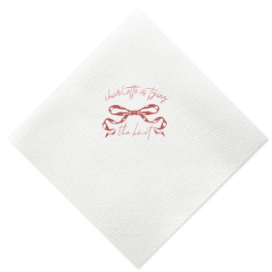 Embrace the romance of your special day with the Tying the Knot Romance Napkin, personalized with your name and the loving phrase "is tying the knot," adorned with a romantic bow graphic. Ideal for adding an elegant, personalized touch to your wedding celebration or bachelorette party.