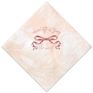Embrace the romance of your special day with the Tying the Knot Romance Napkin, personalized with your name and the loving phrase "is tying the knot," adorned with a romantic bow graphic. Ideal for adding an elegant, personalized touch to your wedding celebration or bachelorette party.