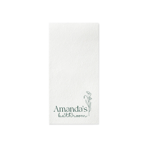 Personalize your powder room with the Blooming Bathroom Script Napkin, adorned with your name beside a beautiful floral graphic. This whimsical script adds a flourish of elegance to your guest bathroom experience.