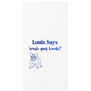 Keep things tidy with the Paws & Clean Custom Napkin, customized with your dog's name and the gentle reminder to 'wash your hands,' accompanied by an adorable dog graphic. Ideal for any dog lover's bathroom decor.